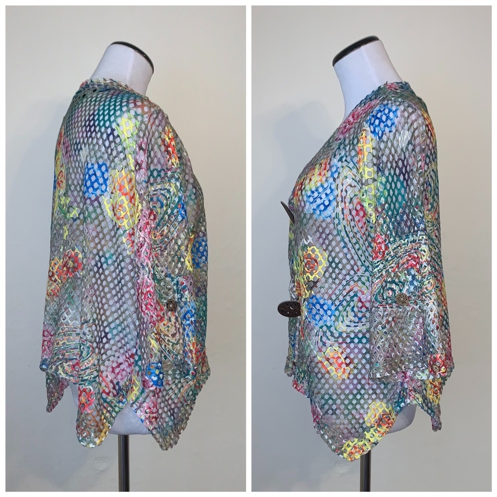 Nina Leonard rainbow floral coconut button sweater - Picture 3 of 6